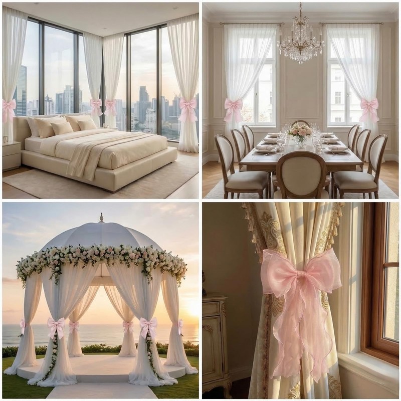 PASDUCHAS 4 Pack French Silky Bow Curtain Tiebacks, Pink Ribbon