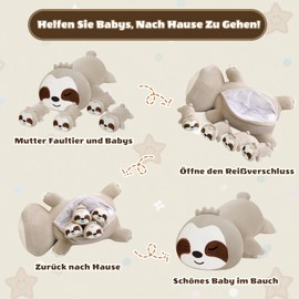 SQEQE Sloth Stuffed Animals with 4 Babies in Her Tummy, Cute Sloth Pillow Soft Plush Toy Gifts Christmas Birthday Gifts for Babies/Girls/Adults