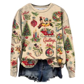 NITRFLA Women Christmas Cartoon Fun Gift Casual Sweatshirt Xmas Novelty Ugly Casual Pullover Fall Sweatshit Gift(Apricot,M)