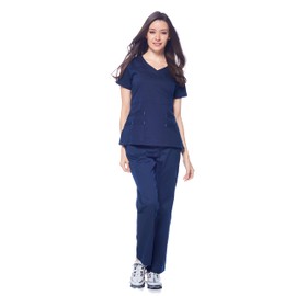 Dagacci Medical Uniform Women's Scrubs Set Stretch Ultra Soft V-Neck Top and Pants Navy Blue XL