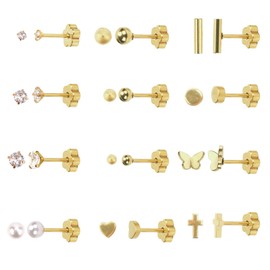 12 Pairs Flat Back Stud Earrings, Gold Small Tiny Tragus Earring, Hypoallergenic Flower CZ Pearl Cross Butterfly Dot Heart Stainless Steel Screw Cartilage Jewelry Gift Accessories for Women Men (Gold)