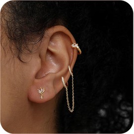 18K Gold Earrings Set for Women | Chain Double Piercing Huggie Hoop & Studs | Crystal Studs and Diamond Ear Cuff,4-Piece Jewelry Set for Multiple Piercing Stack