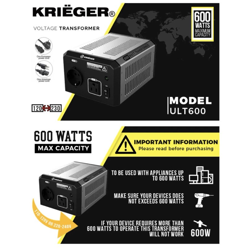 Krieger Kriëger Step Up/Step Down 600W Voltage Converter Transformer 110/120V