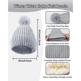Winter Beanie Hat Scarf Gloves Set for Women, Fleece Knit PomPom Beanie Neck Warmer Long Scarf Touchscreen Gloves 3 in 1 Set(Grey)