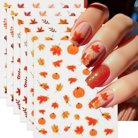 6 Sheets Fall Nail Stickers for Nail Art Maple Leaf Nail Decals 3D Autumn Nail Art Stickers Maple Leaves Ginkgo Leaf Nail Supplies Pumpkin Fruit Mushroom Cherry Harvest Nail Decoration for Women Girls