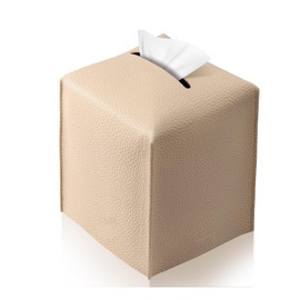Tissue Box Cover Holder, Square with Bottom Belt by Carrot's Den - PU Leather Decorative Organizer for Tabletop, Bathroom, Car, Office (Beige)