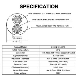 URCIANOW 24 AWG Cable 2 Core 2 x 0.2 mm² Cores Electrical Wire 10 Metres UL2464 PVC Cord Stranded Copper Wire Tin-Plated