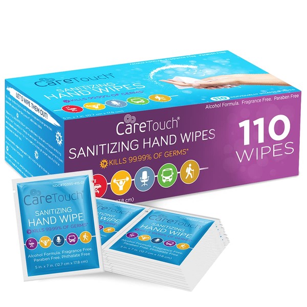 Care Touch Hand Sanitizer Wipes - 110 Hand Wipes Individually Wrapped - Travel Size Hand Wipe - Individual Wipes - Sanitizing Wet Wipes for Home, Office & Outdoor Use - Wet Wipes Individually Wrapped