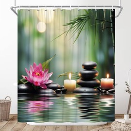 JONSEQIN Zen Stone Spa Shower Curtain Lotus Massage Stone Triplets Herbal Oil and Scent Candles Green Bamboo Water Reflection Relaxing Bathroom Decor Curtains 70x70 inch with Hook