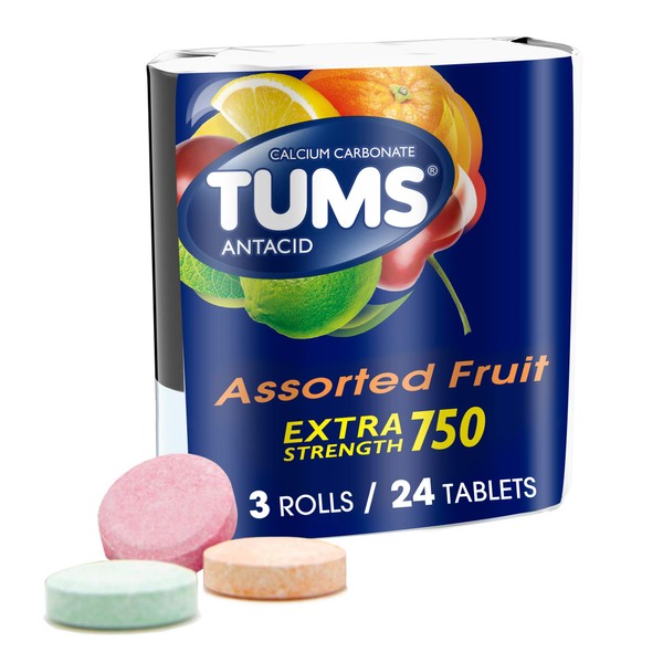 Tums Extra Strength 750, Assorted Fruit, 3 Rolls - 24 Tablets per Pack (Pack of 4)