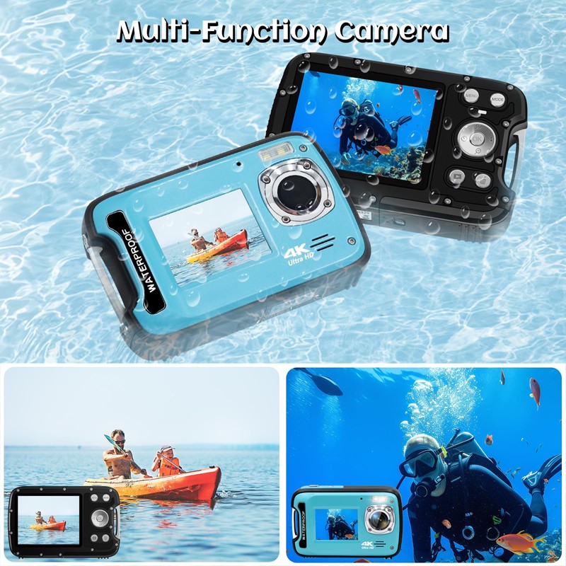 ISHARE Underwater Camera,4K 48MP 17FT Waterproof Camera for Snorkeling,Dual Screen
