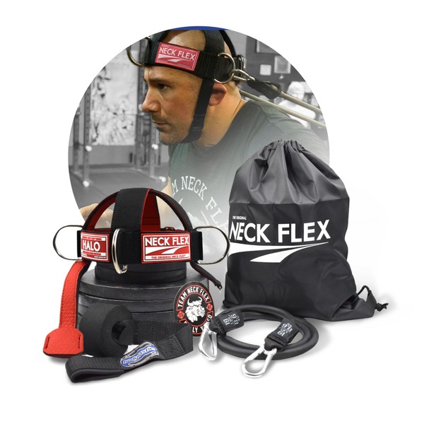Neck Flex - El arnés de cabeza original, entrenador muscular de cuello, correa de entrenamiento para alivio del cuello, kit 3 en 1 con accesorios funcionales de entrenamiento (banda de resistencia corporal + anclaje de puerta)