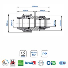 SmartProduct PP Coupling Reduced MDPE 40 mm to 25 mm Screw Connection for PE Pipe PN16 DVGW Drinking Water Certified - 40 mm to 25 mm Clamp Connector Compatible with PE80 PE100 Pipes - Pack of 1