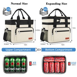 23L Extra Large Expandable Insulated Cooler Lunch Box for Men Double Deck Leakproof Heavy Duty Lunch Bag with 4 Ice Packs&2 Snack Bags for Adult/Construction/Women/Work/Picnic/Camping - Dark Gray