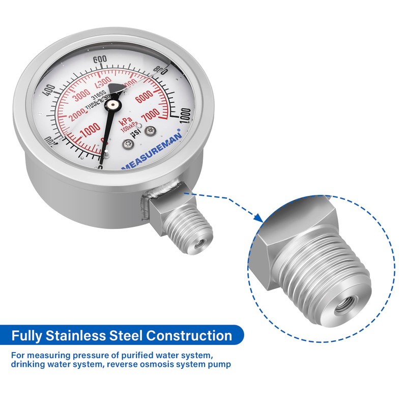 MEASUREMAN Pressure Gauge, 0-1000 PSI/kPa, Glycerin Filled, 1/4 NPT Lower