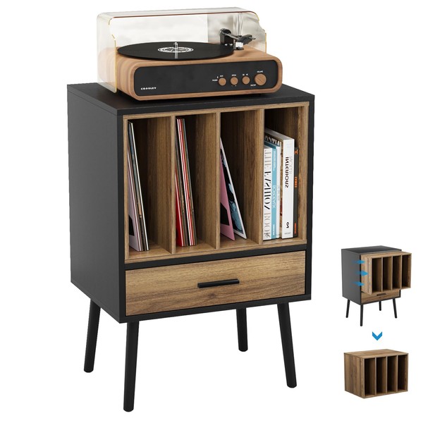Semiocthome Record Player Stand with Nesting Vinyl Storage Crate Holds Up to 160 Albums, Record Player Table with a Drawer and Solid Wood Legs, Side End Table for Turntables for Living Room Bedroom