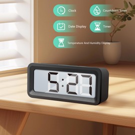 Romon Digital Alarm Clock, Small Travel Alarm Clock, Temperature and Humidity Display, Date Display, Timer, Countdown Timer, Magnetic Back, Suitable for Kitchen, Bedroom, Travel - Black