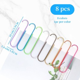 8 clips de papel grandes, clips de papel de 100 mm de metal jumbo multicolor en 8 colores con acabado perlado, clip colorido gigante para oficina, escuela, organización de archivos, libros y