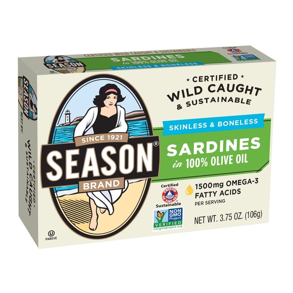 Season Sardines in Olive Oil – Skinless & Boneless, Wild Caught, 20g of Protein, Keto Snacks, More Omega 3's Than Tuna, Kosher, High in Calcium, Canned Sardines – 3.75 Oz Tins, 12-Pack