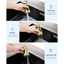 Kitchen Faucet Spray Head Replacement - Pull Down Faucet Sprayer Head with 15 Adapters, 3-Function Kitchen Sink Faucet Head, Replacement Pull Out Faucet Head Nozzle, Brushed Gold