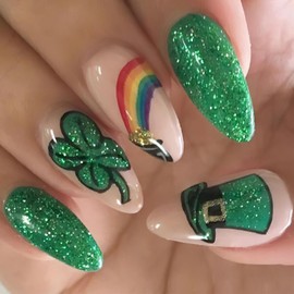 Jremg St. Patrick's Day Press on Nails medium almond Fake Nails with Green Glitter Design Cute Shamrock False Nails Glossy Nude Glue on Nails Rainbow Irish Artificial Stick on nails for Women 24Pcs