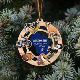 WODORO Christmas Decor Wisconsin State USA America 2D FLAT (NOT 3D) Wooden Ornaments for Christmas Tree Decorations 3.54 inches, Rear Mirror Hanging Car Accessories, Unique Gifts for Him Men Her Women