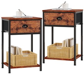 Furologee Nightstands Set of 2, Night Stand with Fabric Drawer and Storage Shelf, Retro Bedside Sofa Tables for Small Place, End Side Tables Living Room Bedroom, Rustic Brown
