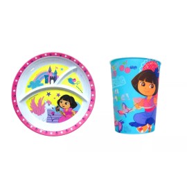 East West Distributing Dora Children's Tableware Set (Melamine Plate and Fruit Picnic Lenticular Cup)