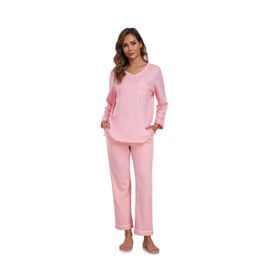 COLORFULLEAF Women's 100% Cotton Pajama Set Long Sleeve Sleepwear with Pants Soft Comfy Two-Piece Pjs with Pockets (Pink, XL)