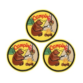 U-Sky Sew or Iron on Embroidered Patches | Camping Scene with Bear & Camper at Campfire | Outdoor Adventure Fun Design | Camping Enthusiasts Families | Jackets Backpacks Gear | 2.8"x2.8" 3PCs Pack