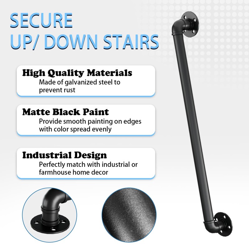 3.3FT Wall Pipe Stair Handrail - Black Galvanized Industrial Metal