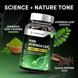Moringa Capsules 7000mg Complex, High Strength Complete Green Superfood with Added Black Pepper, Moringa Leaf Extract and Powder for High Absorption - 120 Capsules by HealthEssent