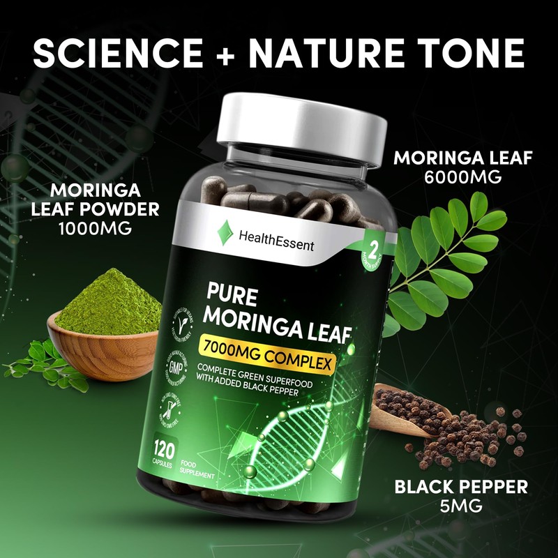 Moringa Capsules 7000mg Complex, High Strength Complete Green Superfood with