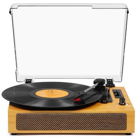 Vinyl Record Player with Speakers, Belt-Drive 3 Speed Vintage Bluetooth Turntable, USB Recording, AUX-in & RCA Line Out LP Player, Yellow LP Player