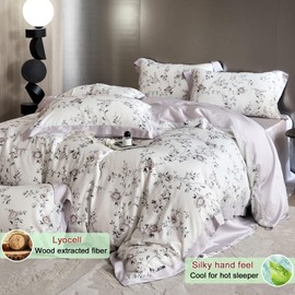 VM VOUGEMARKET Lilac Flower Duvet Cover Queen Silk-Like Smooth & Cool Eucalyptus Lyocell Duvet Cover with 2 Pillow Shams,Moisture Wicking Cooling Bedding Set for Summer-Queen,Purplish Grey