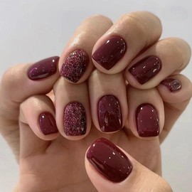 Square Press on Nails Short Fake Nails with Glitter Designs Burgundy Nails Press ons Glossy Glue on Nails Acrylic False Nails Full Cover Artificial Stick on Nails for Women 24Pcs