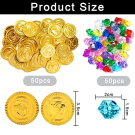 ASFWAGQ Set of 100 Pirate Gold Coins, 50 Pirate Coins with 50 Pirate Gemstones, Perfect for Pirate Decoration, Children's Birthday, Children's Pirate Treasure, Treasure Hunt