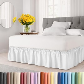 Wrap Around Dust Ruffle Bed Skirt - White - for Twin Size Beds with 21 Inch Drop - Easy Fit Elastic Strap - Adjustable Pleated Bedskirt w/Brushed Fabric - Wrinkle Free - for Women, Men, Kids & Teens