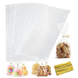 200 sacchetti trasparenti in cellophane da 25 x 12 cm, per biscotti, caramelle, piccoli sacchetti in cellophane, per matrimoni, compleanni, Pasqua, Natale, feste, con 200 fascette dorate
