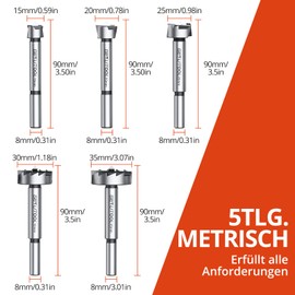 GETLITOOL Forstner Drill Bit Set 5-Piece Wood Drill Bit Set Diameter 15-35 mm Forstner Drill Bit with Centre Point, Round Shank Forstner Drill Wood Set Extra Sharp Forster Drill Bit Set, Branch Hole