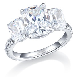 Bo.Dream Promise Rings for Her Total 5ct 3-Stone Cushion Cut Cubic Zirconia Fake Diamond Engagement Ring Platinum Plated Sterling Silver, Gemstone, Cubic Zirconia