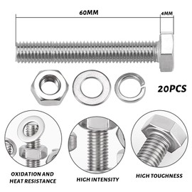Fhioevt M6 Screws Nuts Set Hexagonal Screws M6 Stainless Steel Screws Hexagonal Set M6 x 60 mm Screw Assortment with Nuts and Washers Threaded Screws
