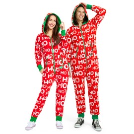 Tipsy Elves Christmas Onesies for Adults - Comfy Unisex Matching Holiday Jumpsuits with Convenient Pockets - Cozy Red Hohoho Christmas Jumpsuit Size Medium