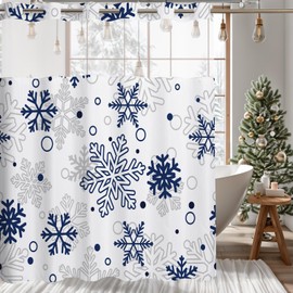 MEHOFOND No Hook Winter Snowflake Shower Curtain, Hookless Christmas Shower Curtain,Blue and Grey Xmas New Year Holiday Bathroom Bathtubs Decor with Snap in Liner, Waterproof Polyester Fabric 71X74in