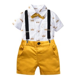 Volunboy Little Kid Short Suspenders Outfit 5-6 Years Boy Summer Formal Set Kid Gentleman Short Sleeve Bowtie Suits with Yellow Shorts (Crown, 5-6 Years)
