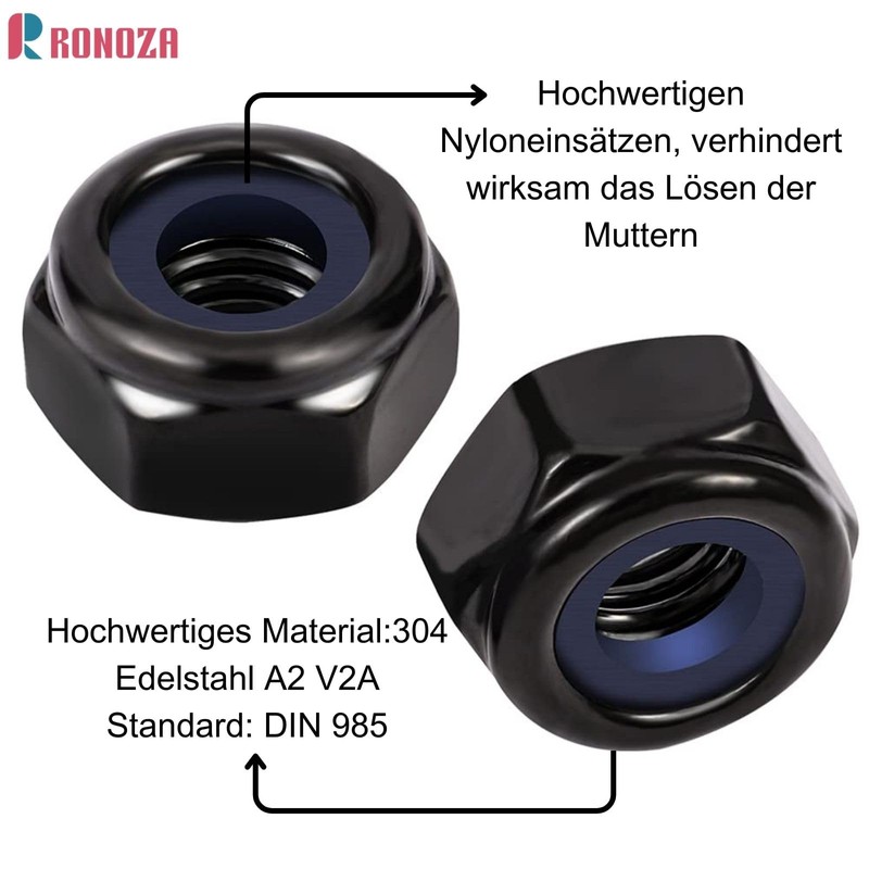 Ronoza DIN 985 Hex Nuts M10, Pack of 20 Locking