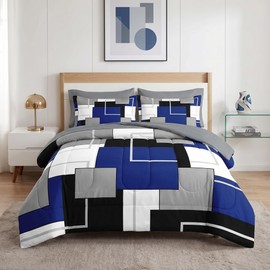 Nesker Comforter Set King Size, Blue Black Geometric 7 Pcs Bedding for Kids and Adults, Abstract Modern Grey Bed Sheet Sets with Fitted Sheet 2 Pillowcases & 2 Shams