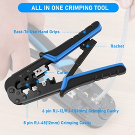 RJ45 Crimp Tool Kit for Cat5 Cat5e Cat6, Ethernet Crimper Toolkit with a RJ45 Crimping Tool, RJ45 Cat5 Connectors, RJ45 Connector Covers, Network Cable Tester, Pack of 10
