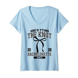 Womens She's Tying The Knot Bachelorette Party Coquette Bow 2026 V-Neck T-Shirt