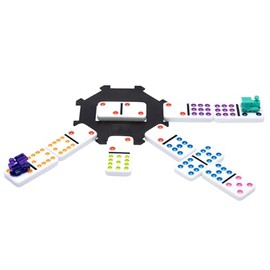Pressman - Juego de dominó de Tren Mexicano – Hermoso Juego de 12 dominó de Lunares Dobles – Incluye marcadores de Tren y cubeta de 5 Pulgadas